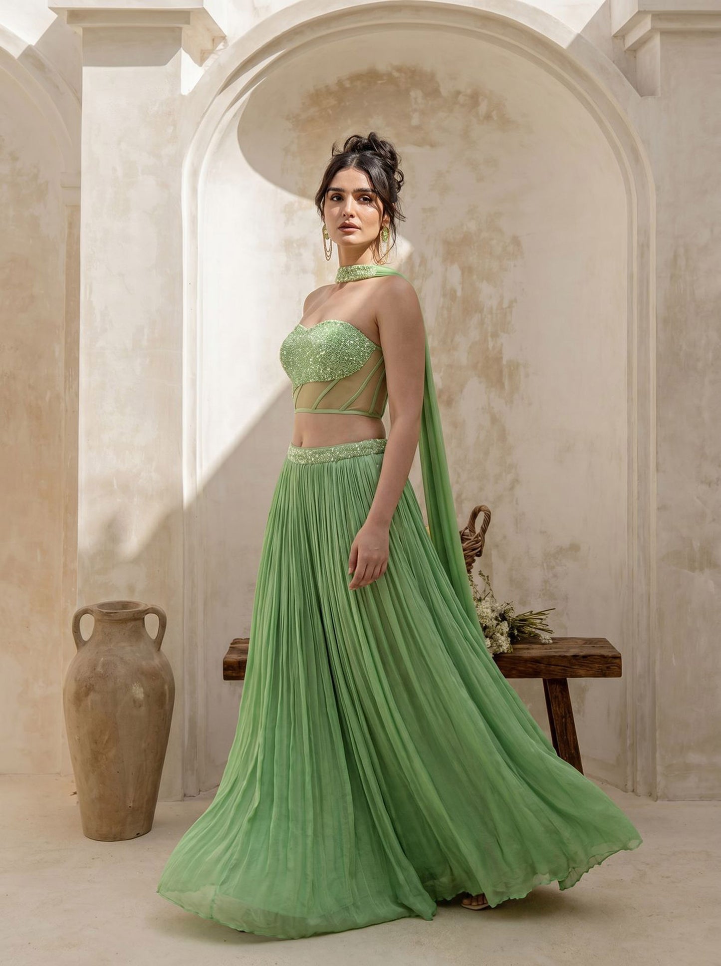Tea-Green Corset Pure Chinnon Cutdana & Sequence Hand Work Party Wear pleated Skirt & Dupatta