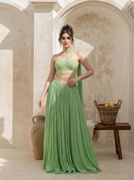 Tea-Green Corset Pure Chinnon Cutdana & Sequence Hand Work Party Wear pleated Skirt & Dupatta