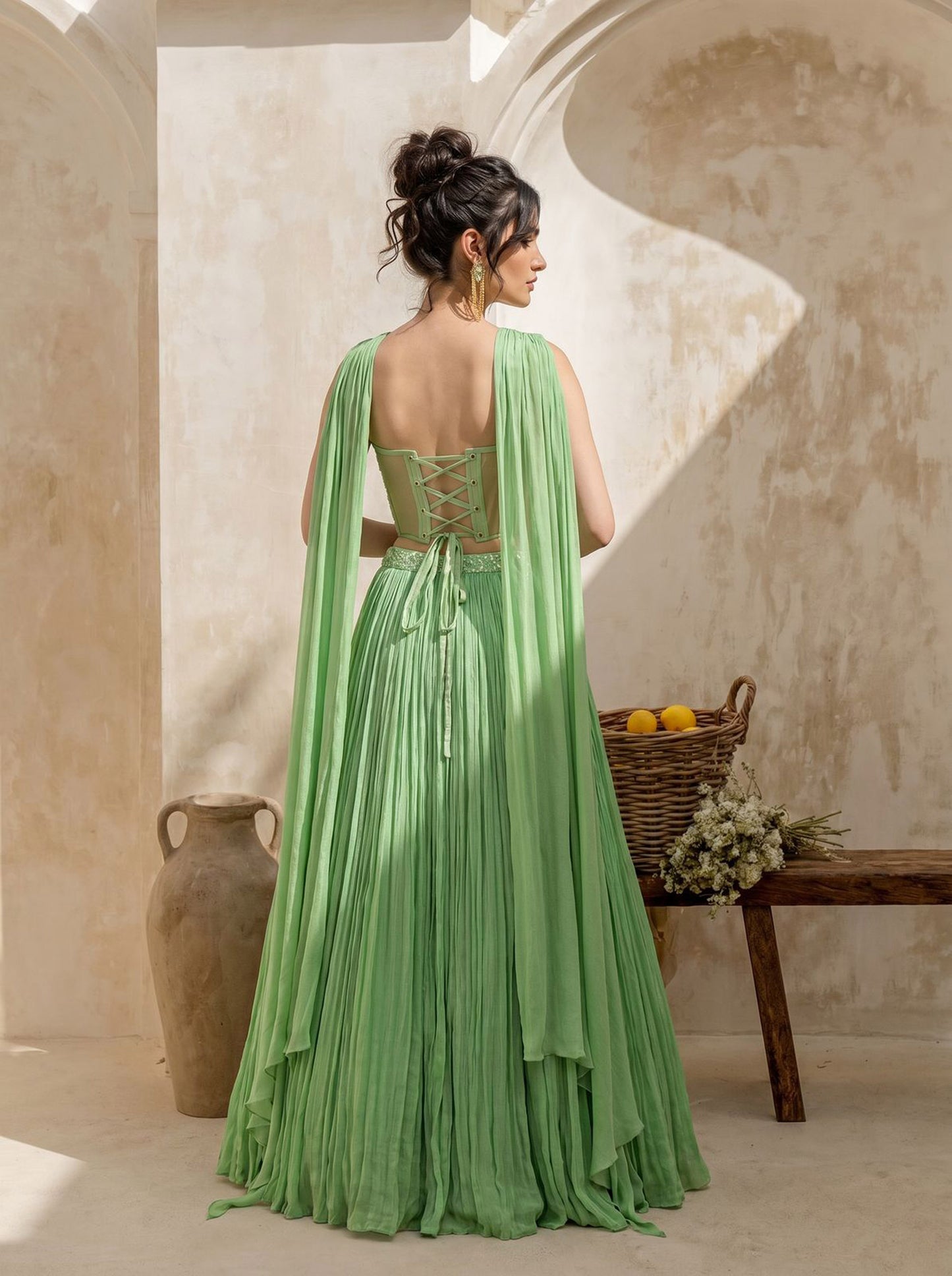 Tea-Green Corset Pure Chinnon Cutdana & Sequence Hand Work Party Wear pleated Skirt & Dupatta