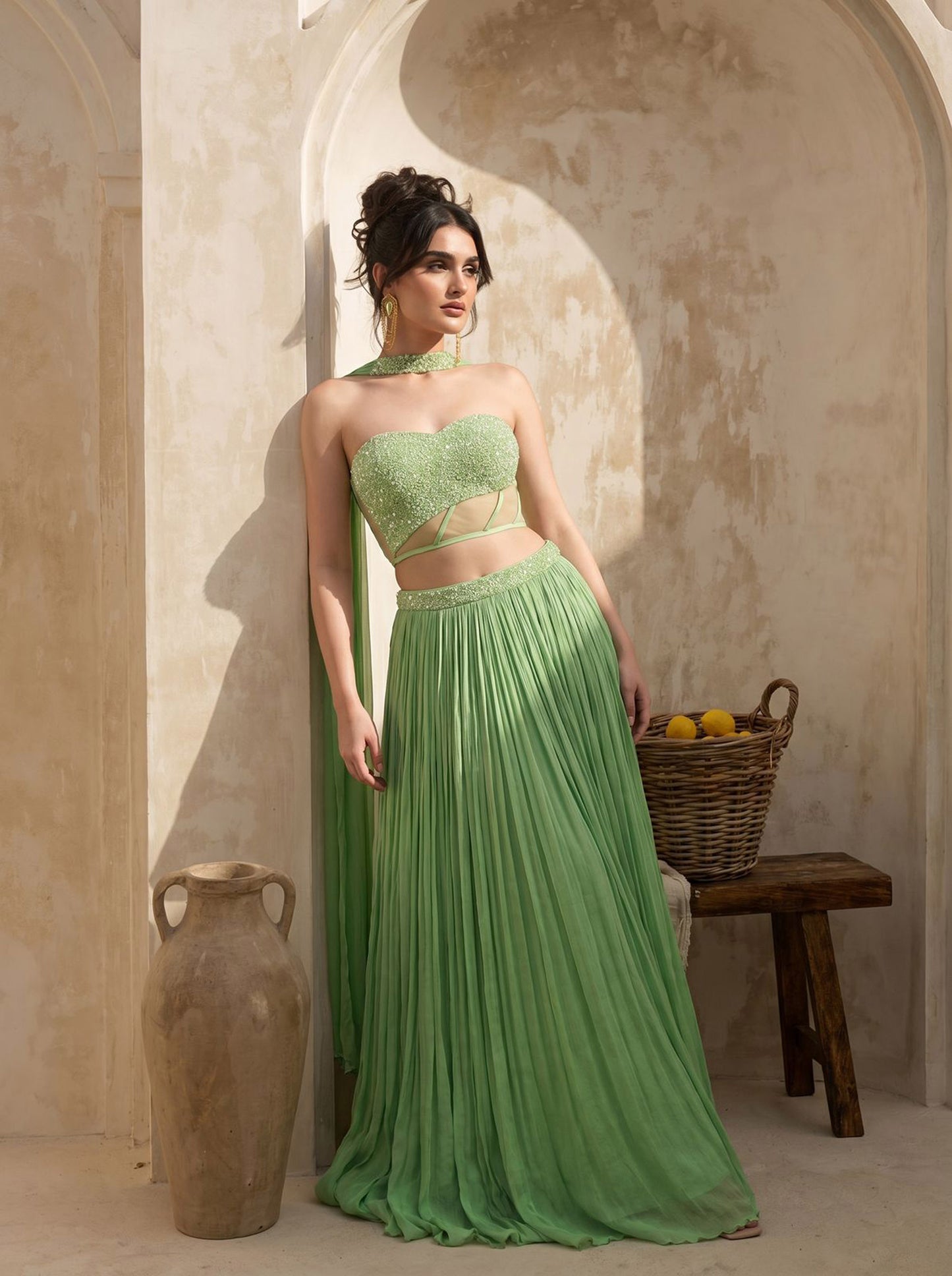 Tea-Green Corset Pure Chinnon Cutdana & Sequence Hand Work Party Wear pleated Skirt & Dupatta