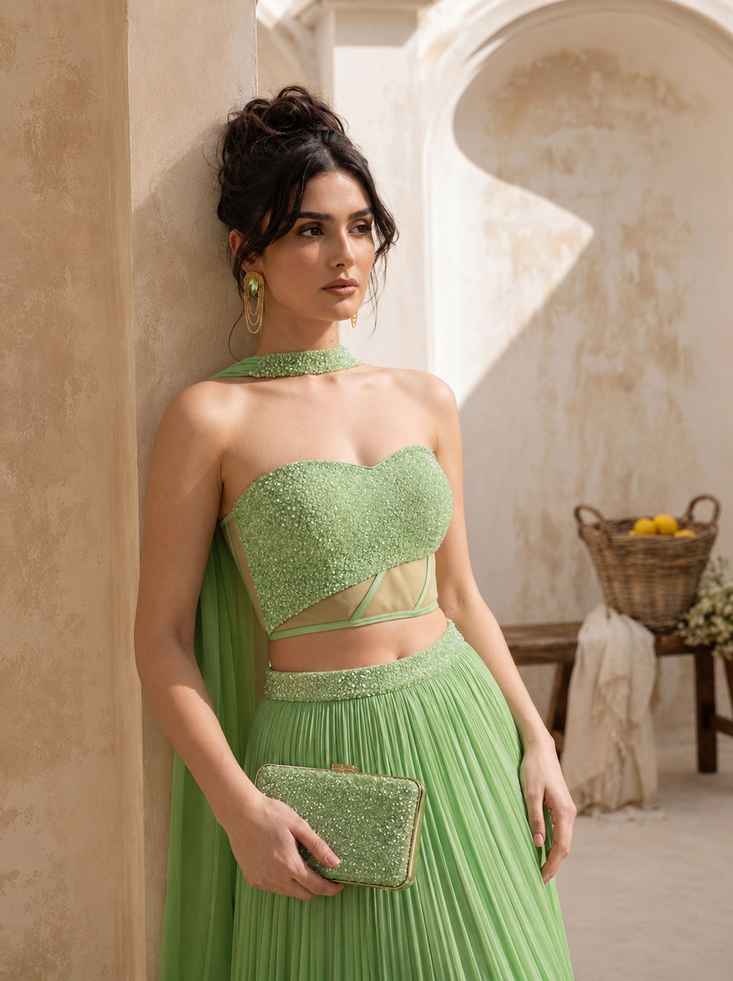 Tea-Green Corset Pure Chinnon Cutdana & Sequence Hand Work Party Wear pleated Skirt & Dupatta