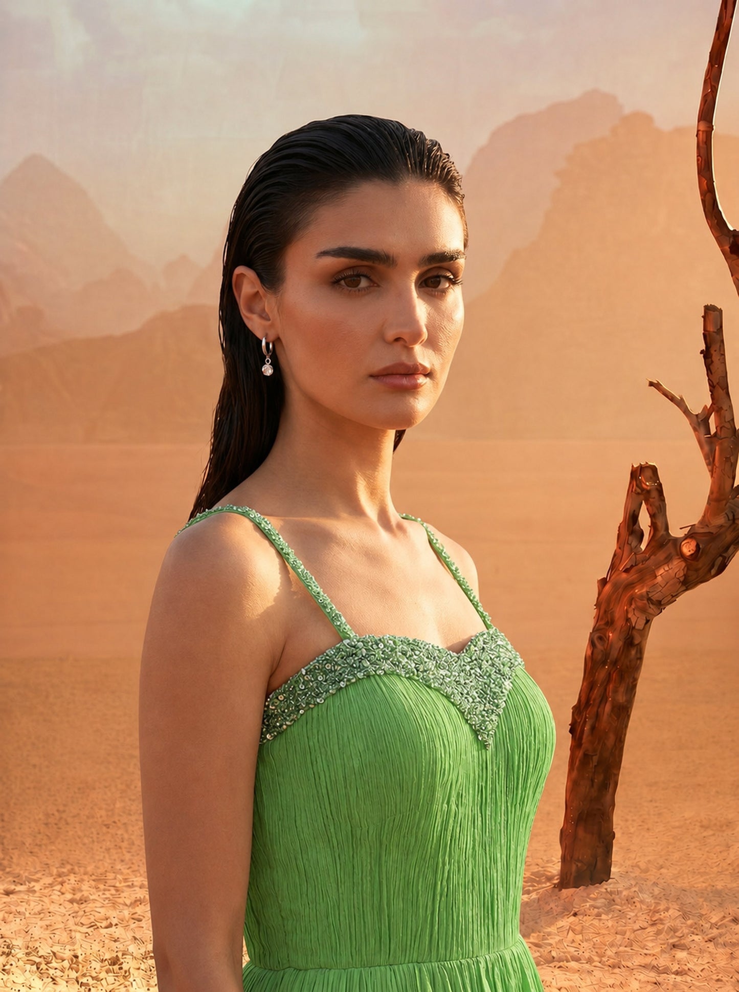 Off-Shoulder Tea-Green  Pure Chinnon Party Wear  Pleated Gown