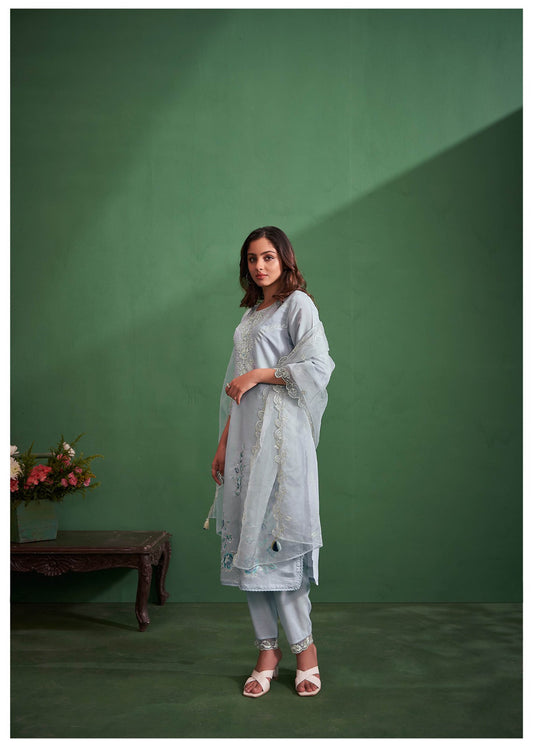 White and Blue Cotton Silk Embroidered Straight Fit Kurta