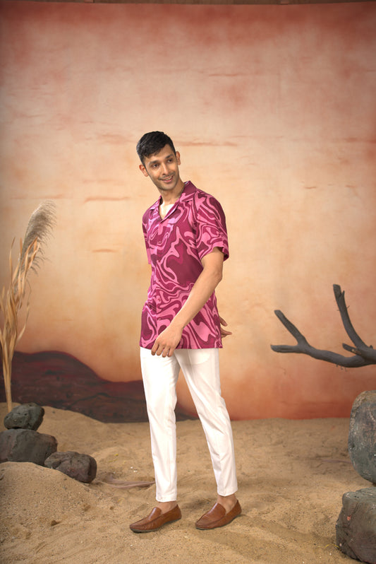 vibrant pink Cotton Satin Abstract Marble Print Cotton Shirt