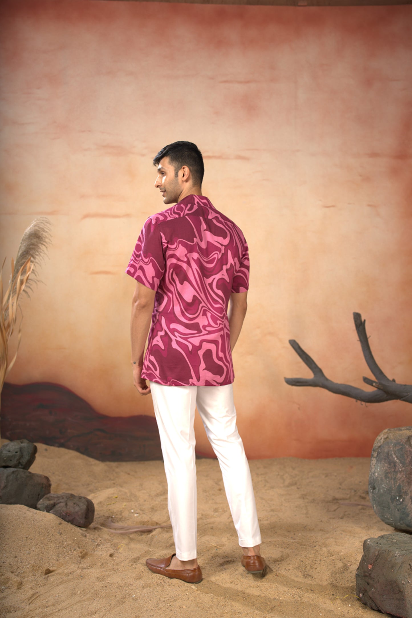 vibrant pink Cotton Satin Abstract Marble Print Cotton Shirt
