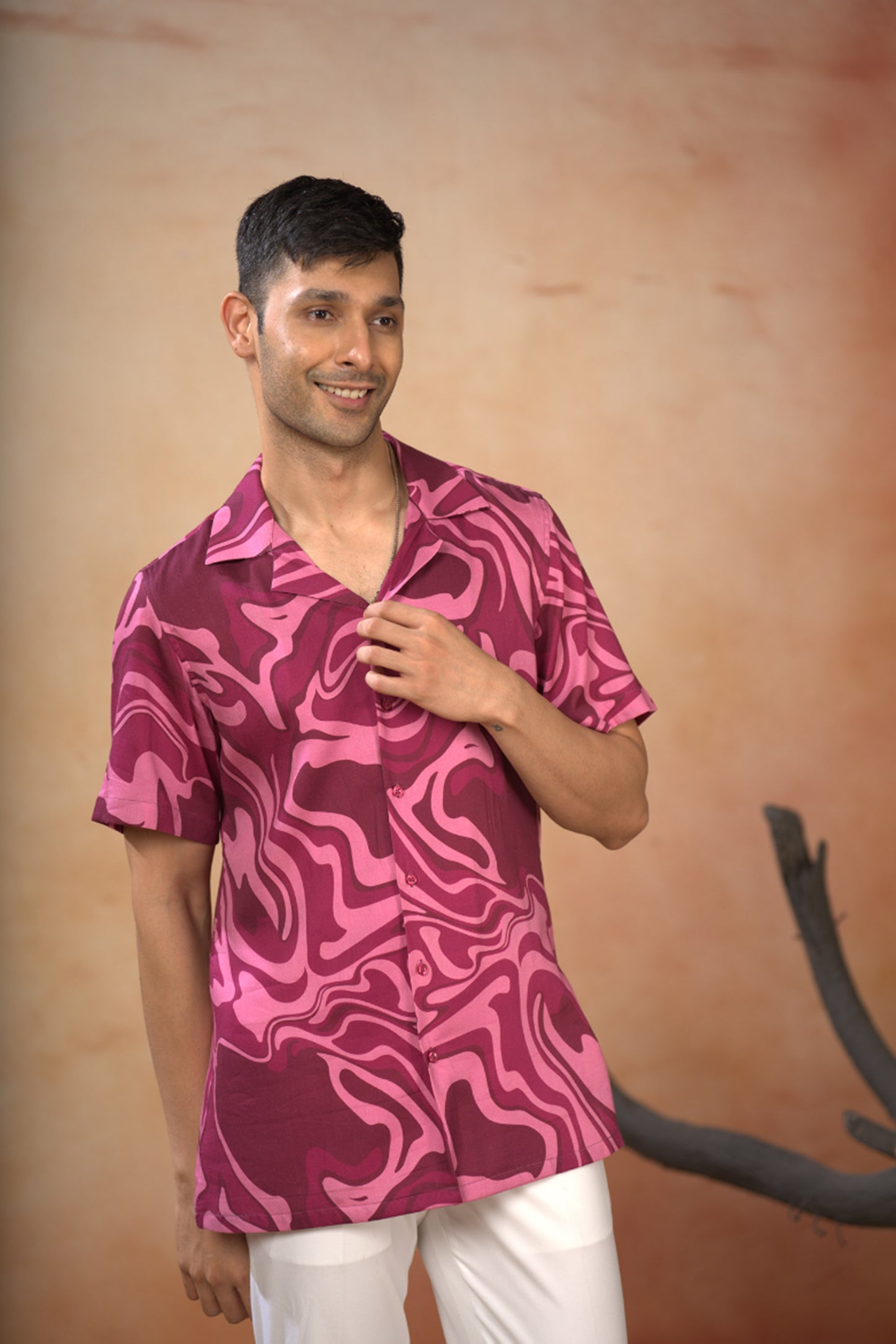 vibrant pink Cotton Satin Abstract Marble Print Cotton Shirt