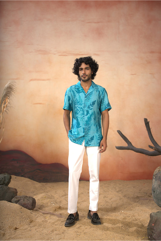 Blue Cotton Satin Breezy Leaves Print Cotton Shirt