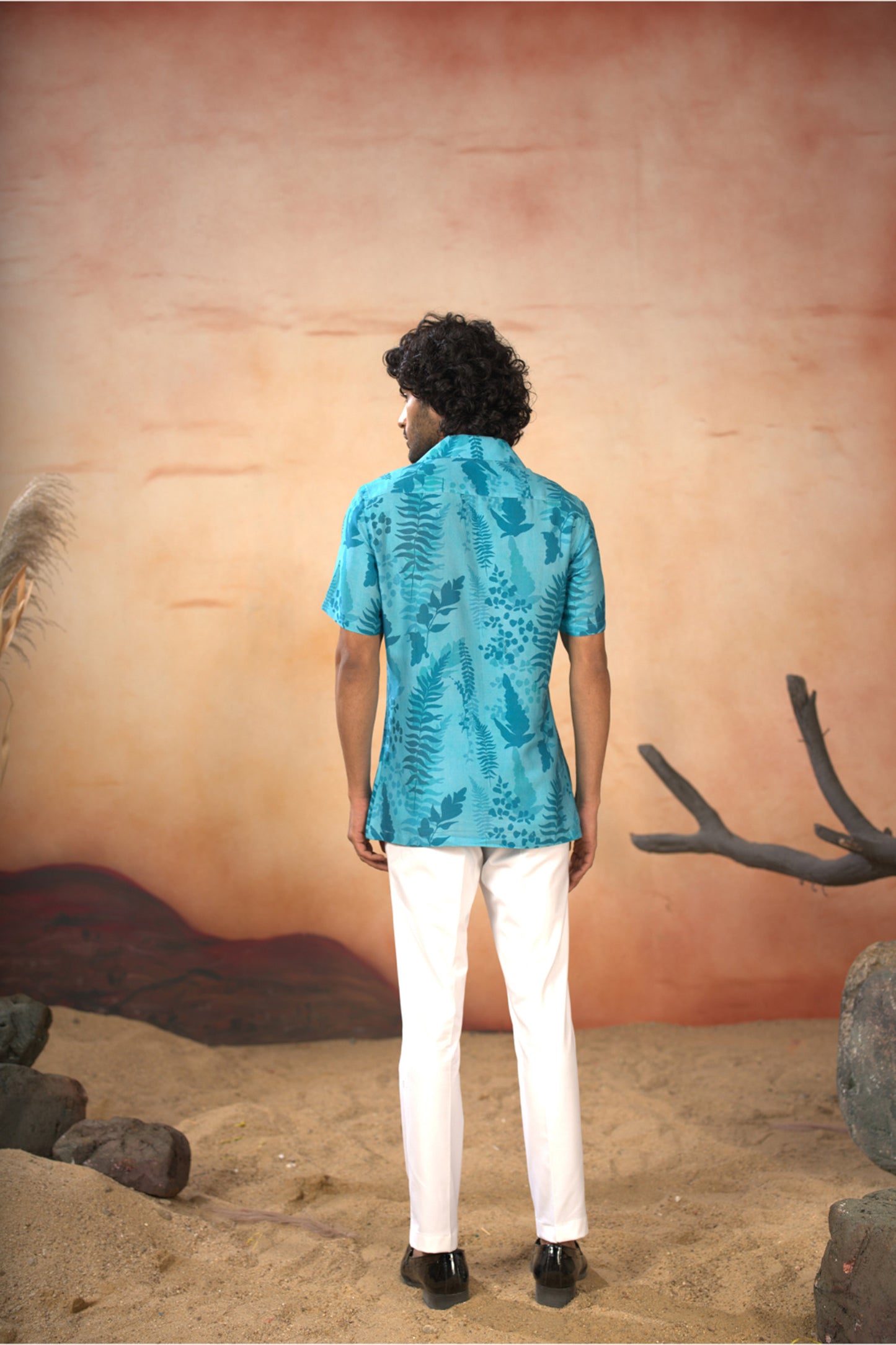 Blue Cotton Satin Breezy Leaves Print Cotton Shirt