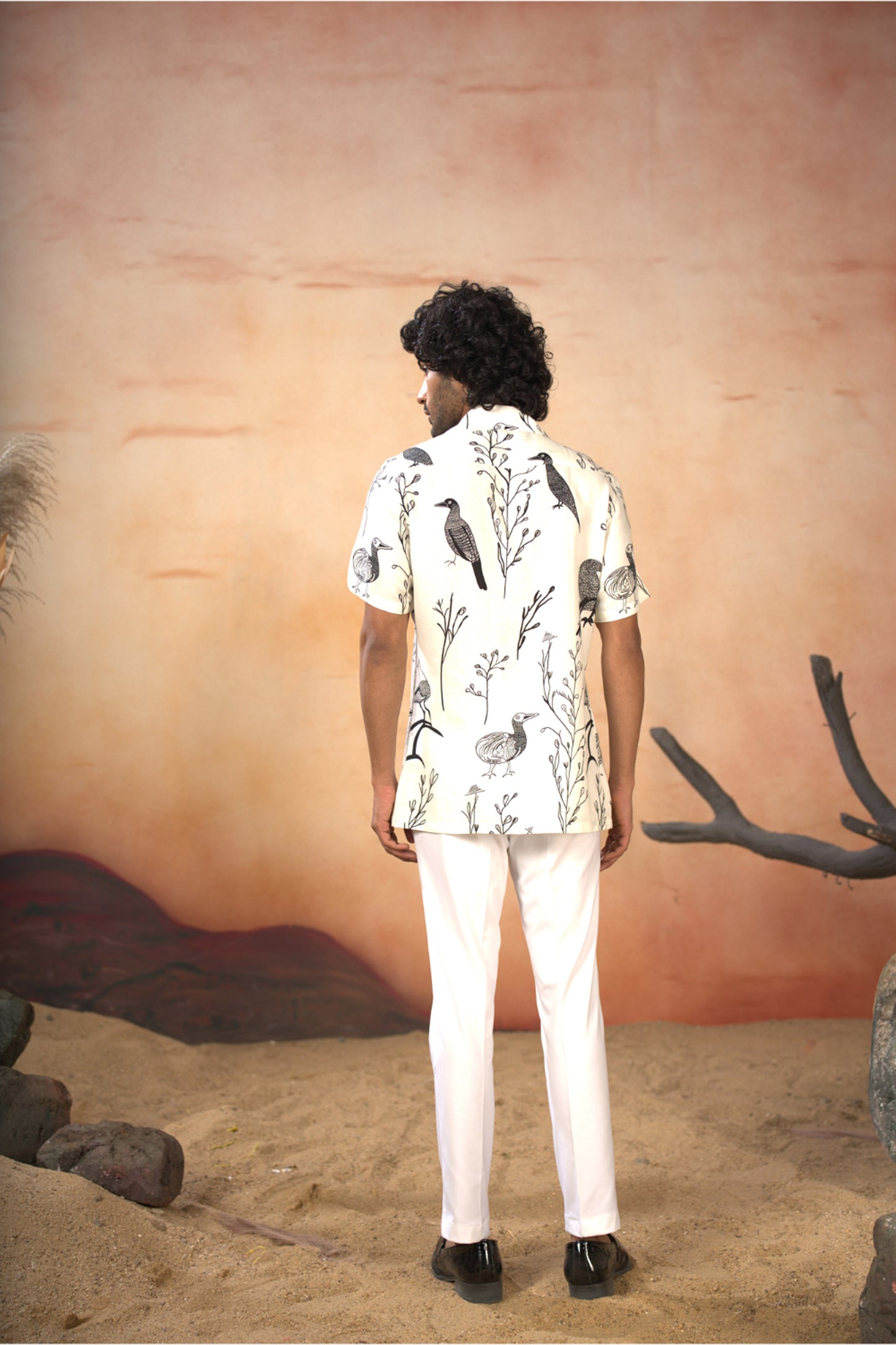 White Cotton Satin Feathered nature’s elegance Shirt