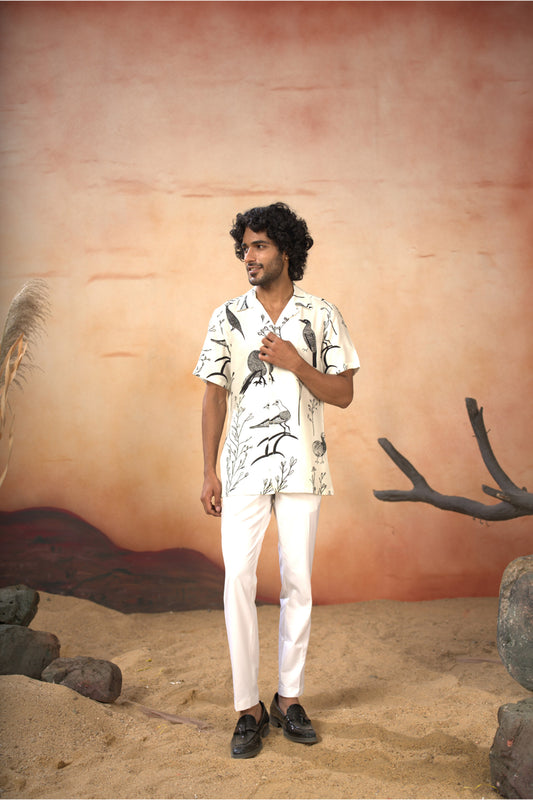 White Cotton Satin Feathered nature’s elegance Shirt