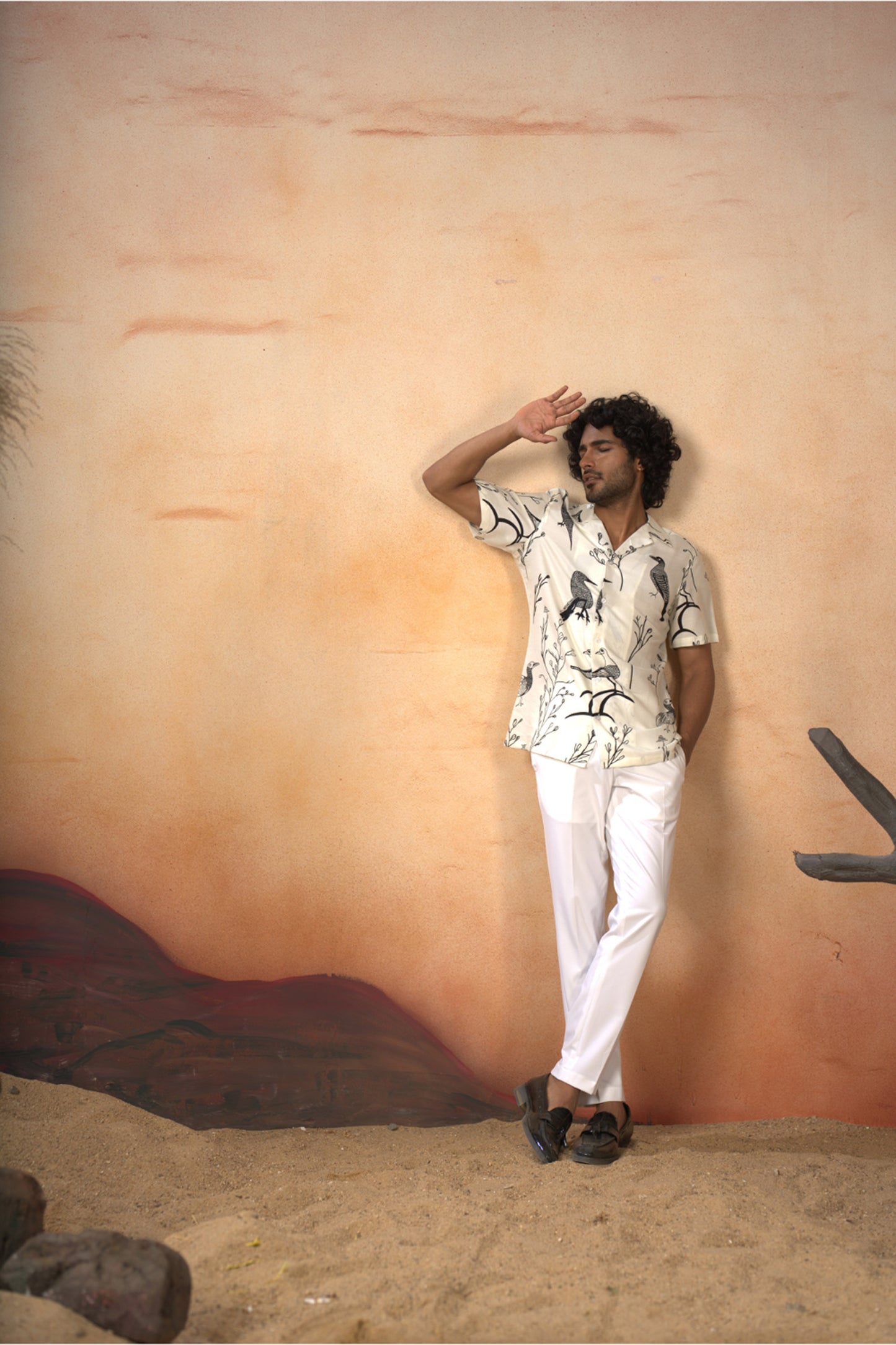 White Cotton Satin Feathered nature’s elegance Shirt