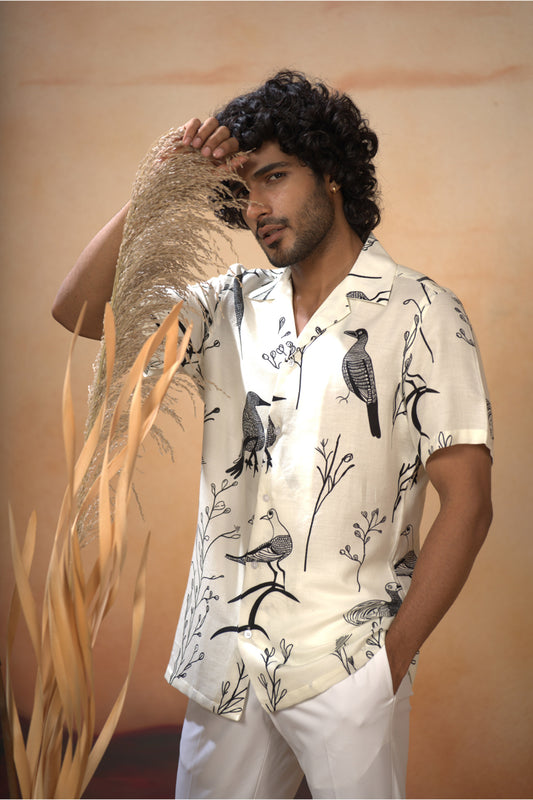 White Cotton Satin Feathered nature’s elegance Shirt
