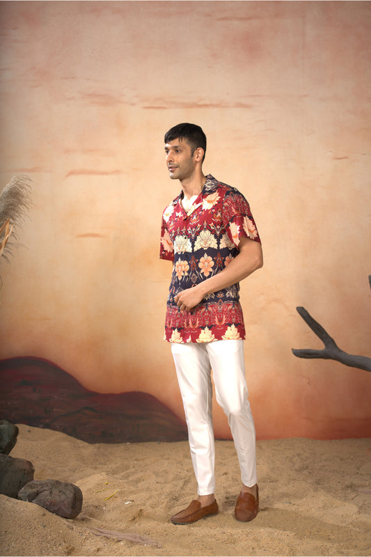 Navy Blue and Vibrant Red Cotton Satin Blossom Print Cotton Shirt