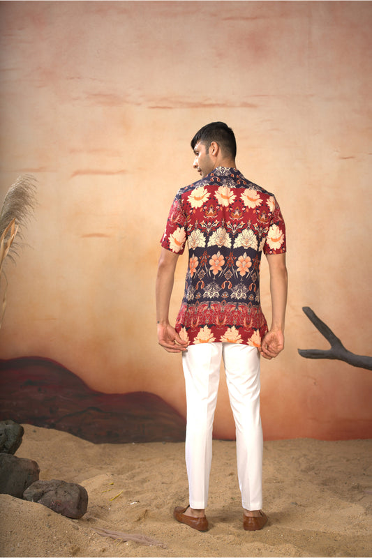Navy Blue and Vibrant Red Cotton Satin Blossom Print Cotton Shirt
