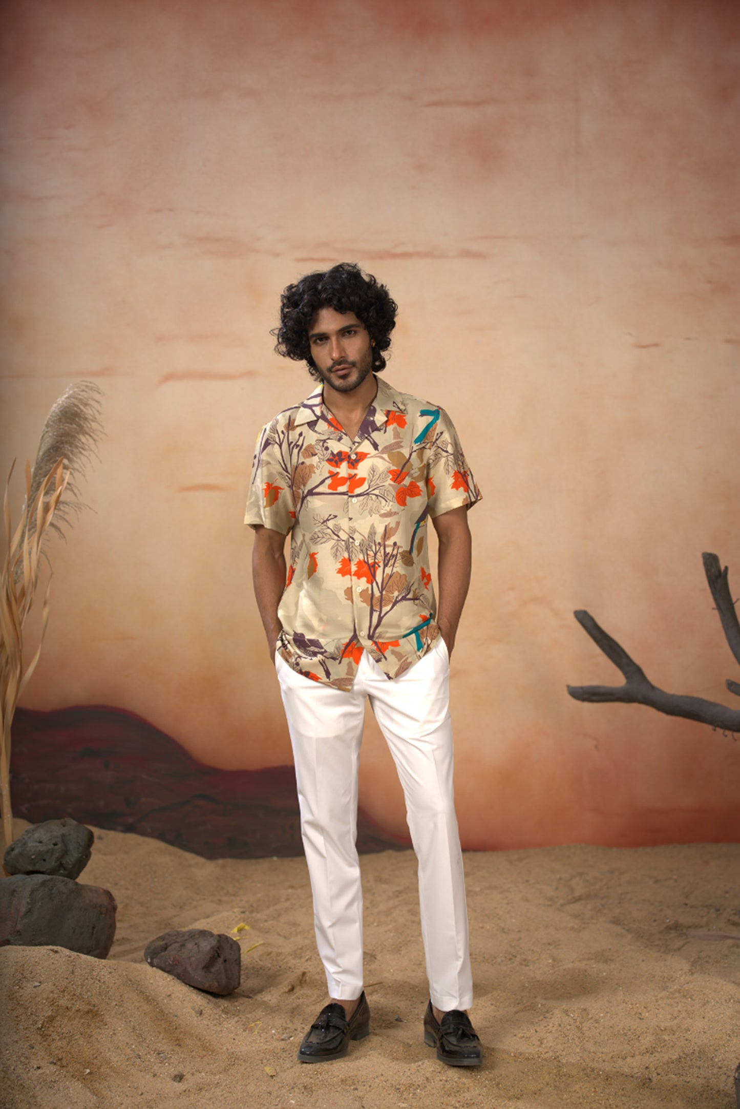 Beige Cotton Satin Serenity bird themed print cotton Shirt