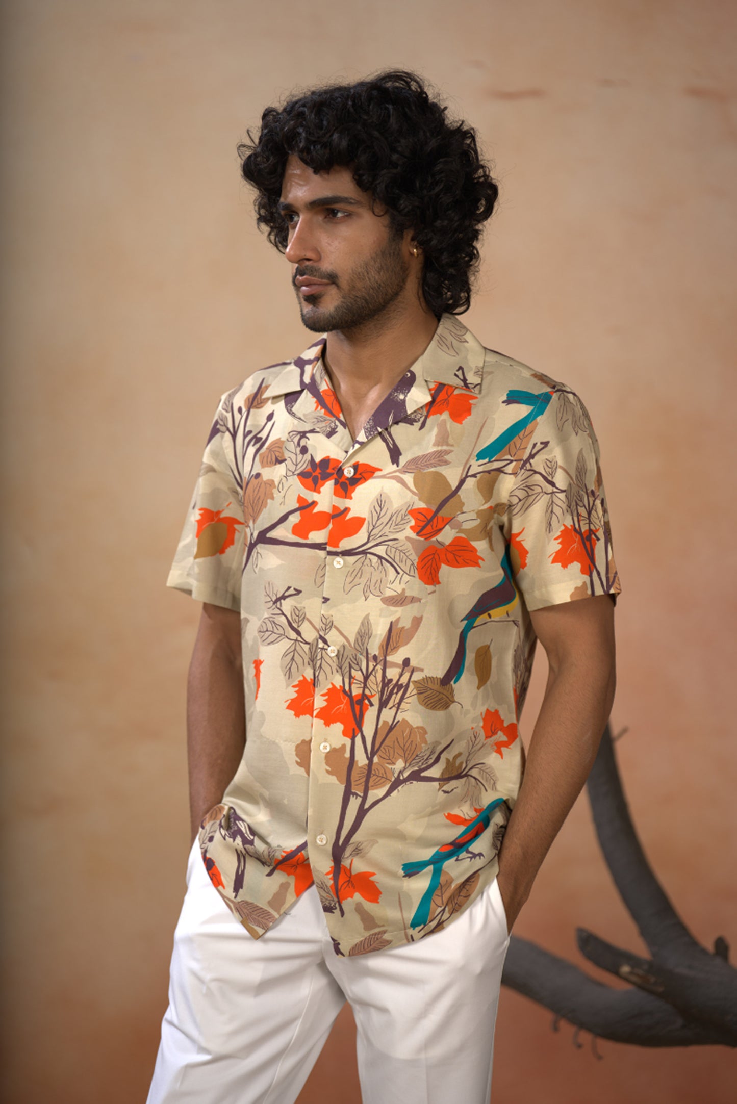 Beige Cotton Satin Serenity bird themed print cotton Shirt