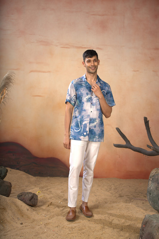 Blue Cotton Satin Marble Print Shirt