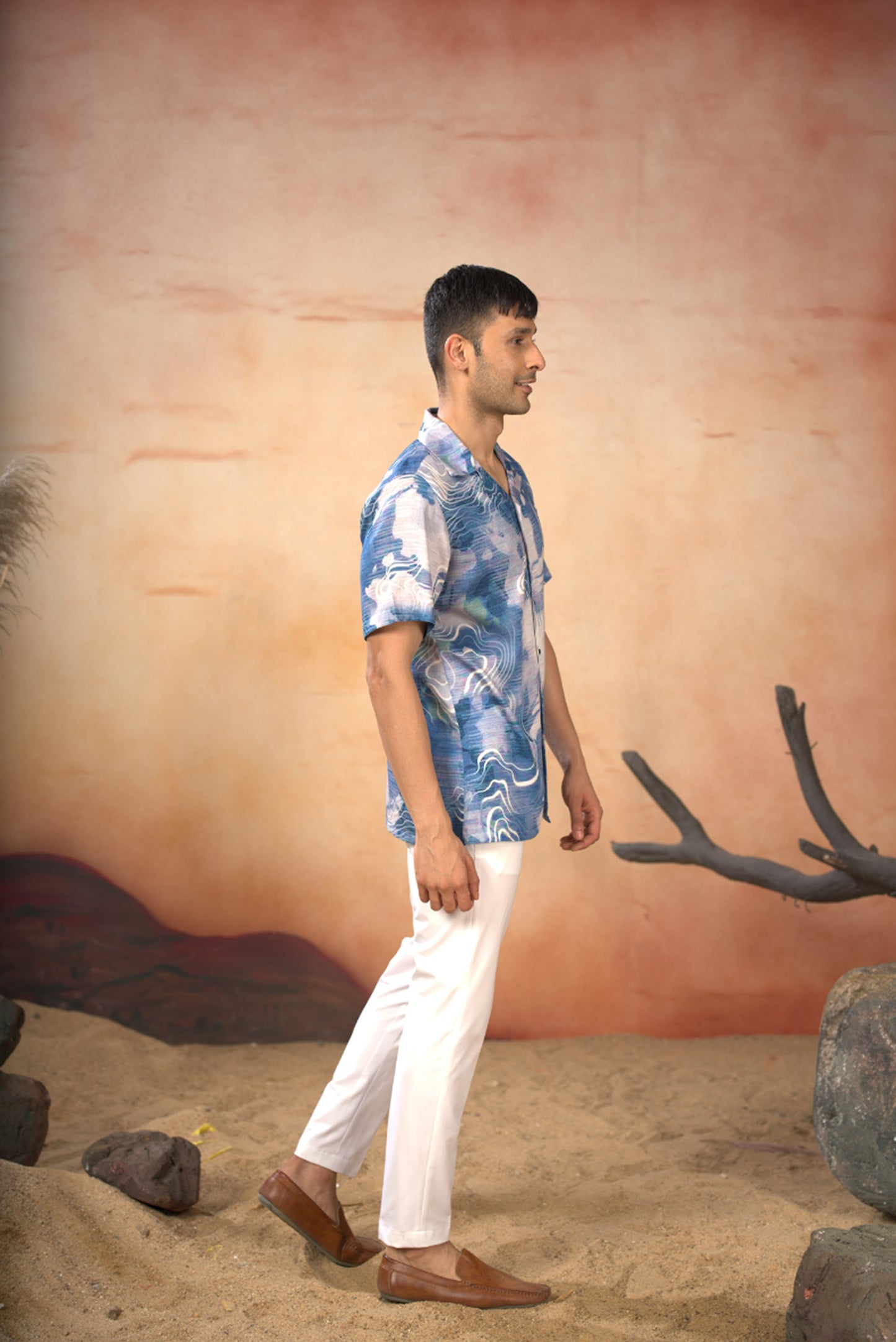 Blue Cotton Satin Marble Print Shirt