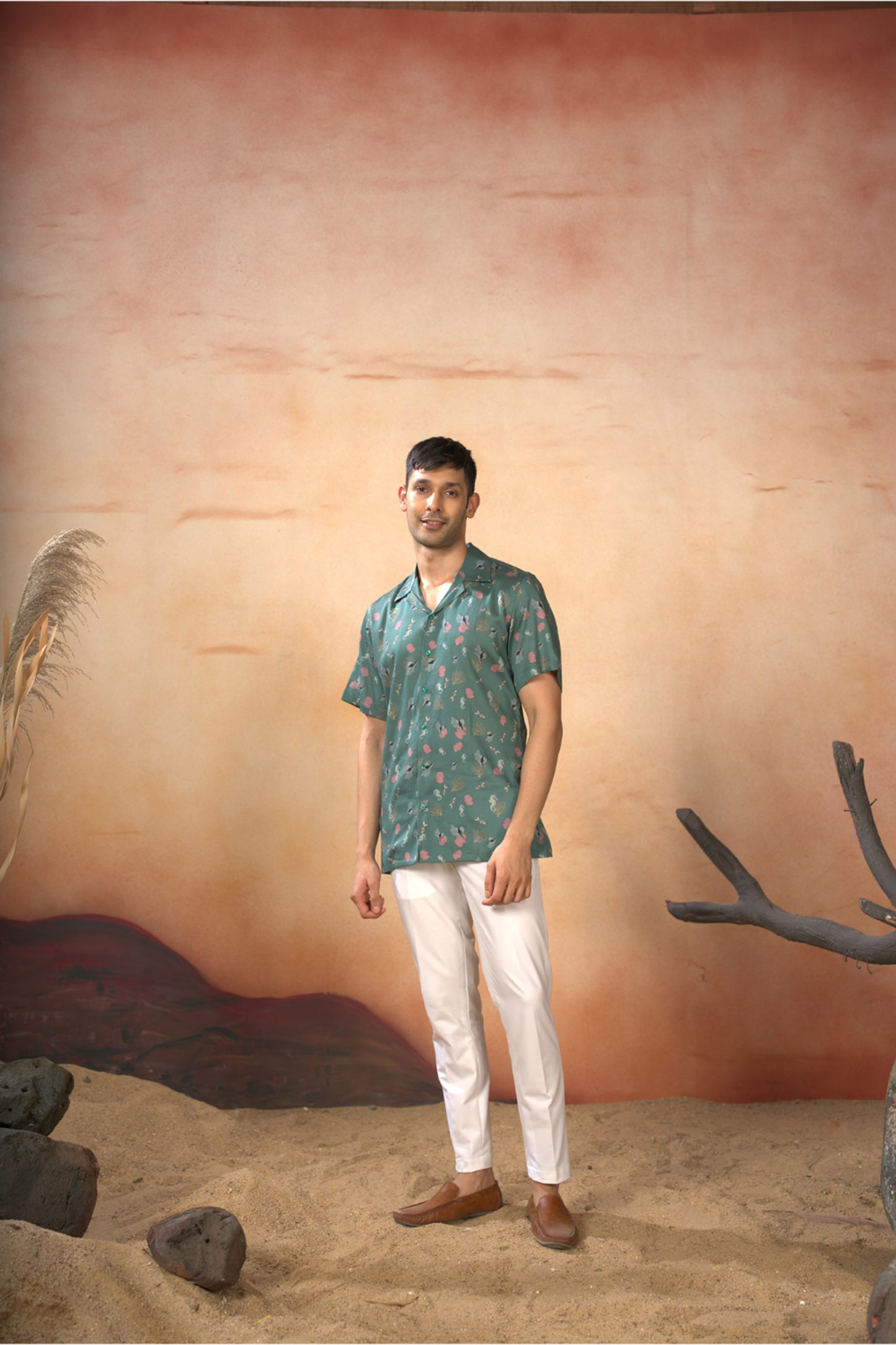 Green Cotton Satin Oceanic Mirage Shirt