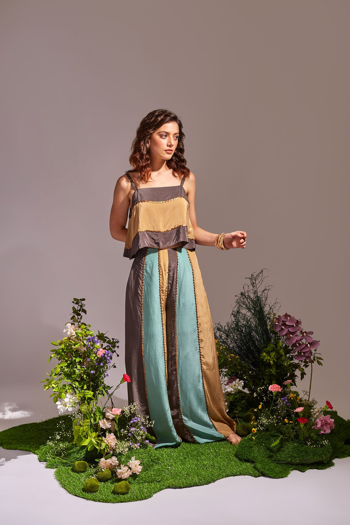 LAVENDUSK Green, Beige and Dark Grey Coord set