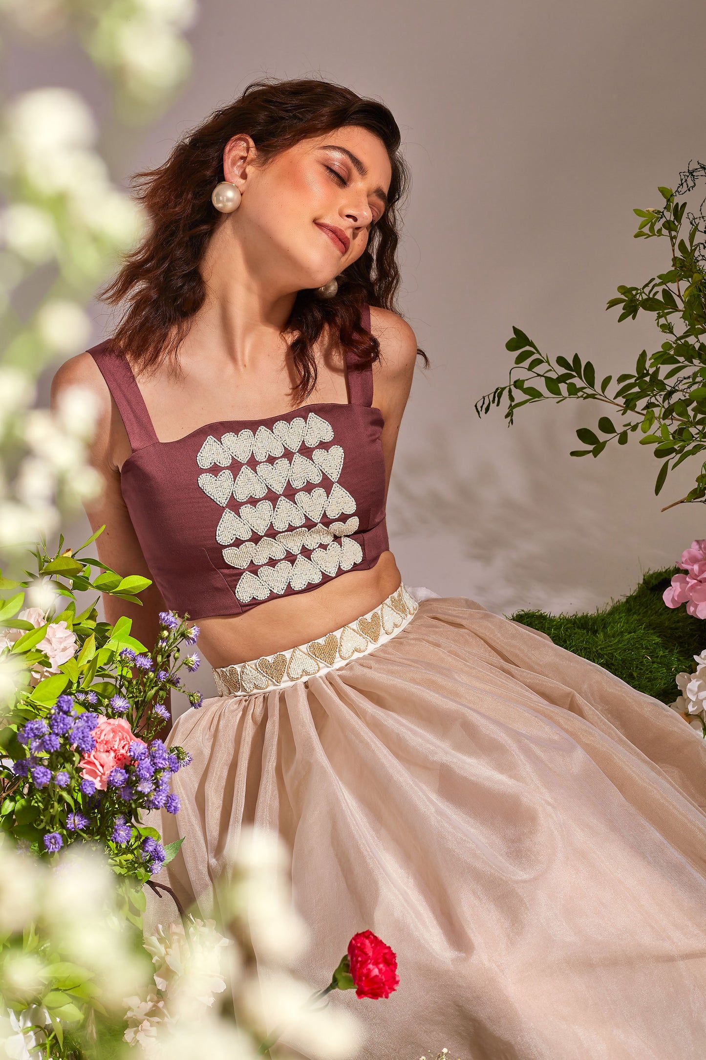 AMOUR  Plum, Beige and White crop top skirt