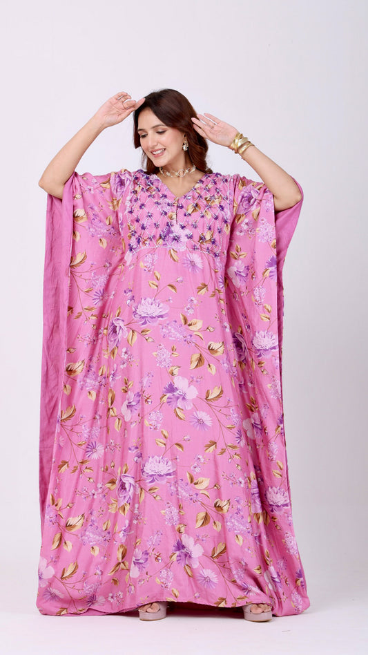 Persian Pink Floral kaftan dress with hand-embroidery on the yoke