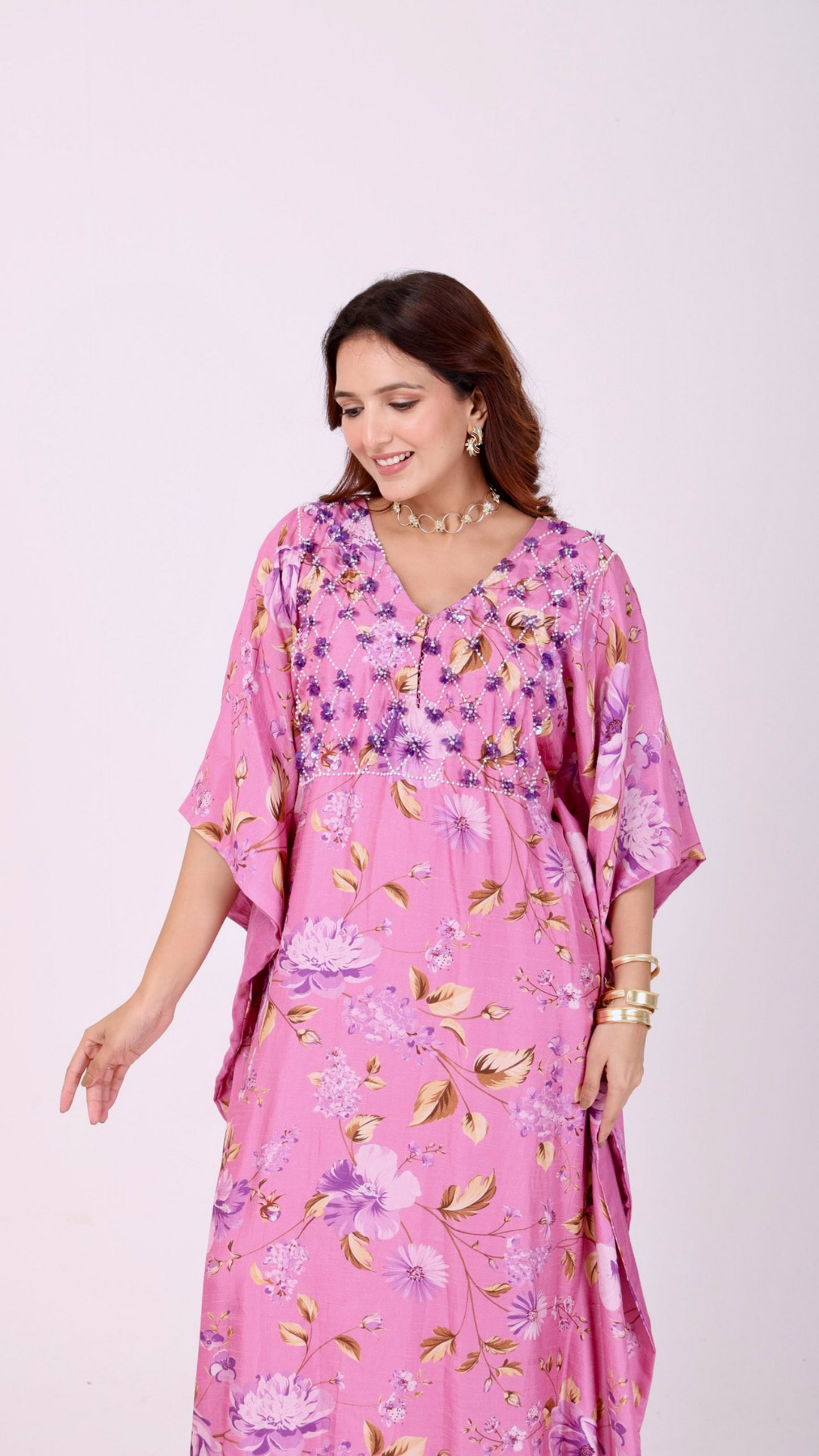 Persian Pink Floral kaftan dress with hand-embroidery on the yoke