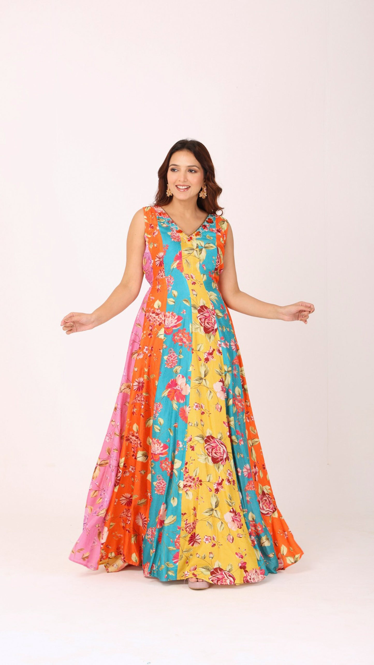 Orangeade Vibrant multi-colour floral dress with delicate hand embroidery