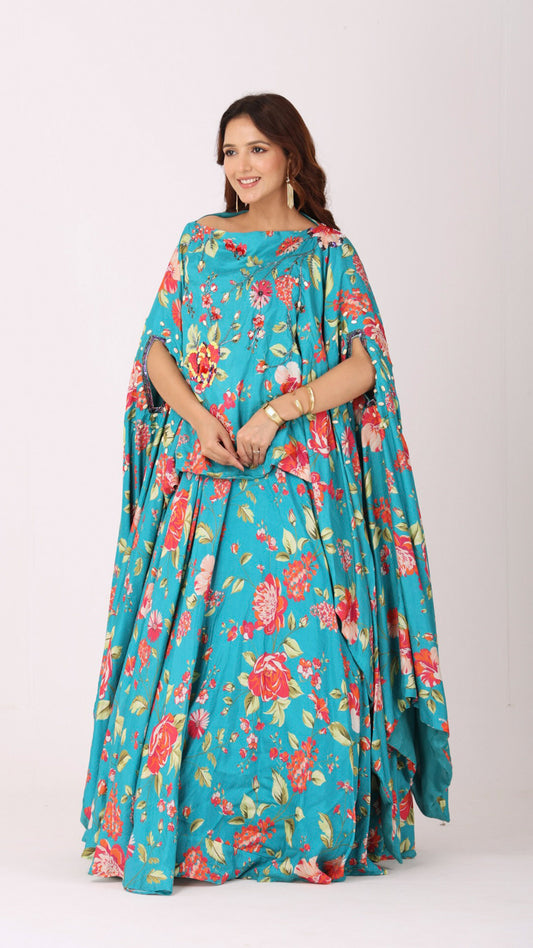 Turquoise floral kaftan kurti blouse paired with a matching flared lehenga