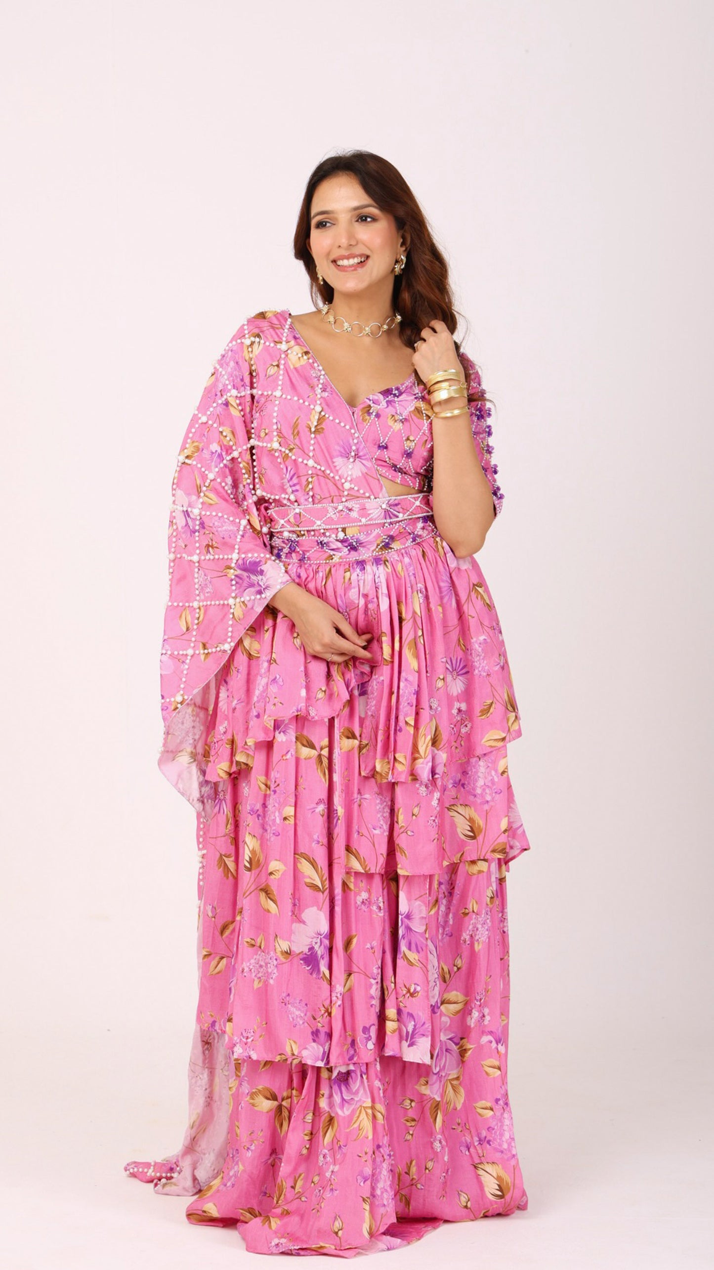 Persian Pink Pre-drape ruffle saree with hand-embroidered blouse and belt
