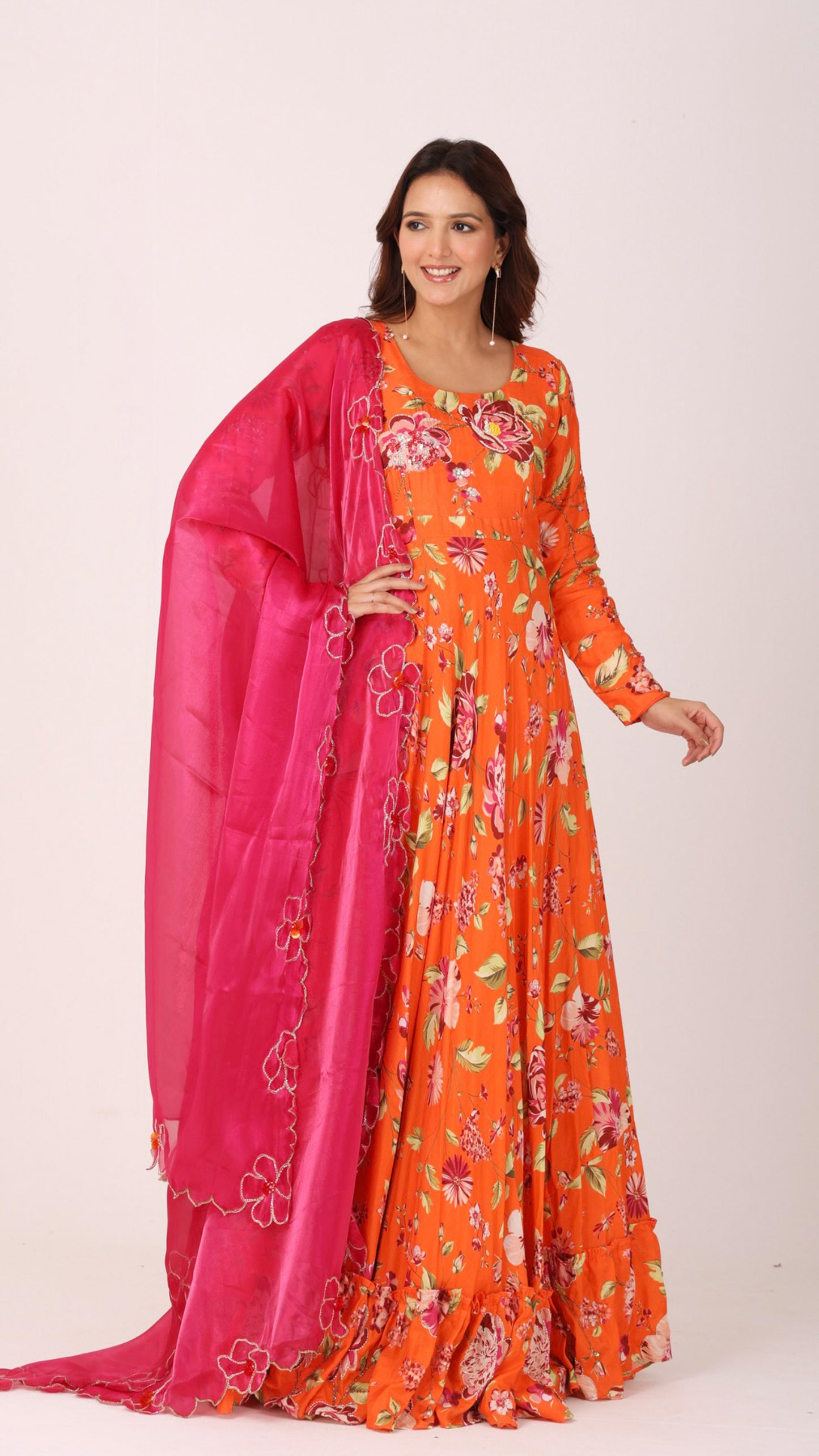 Floral hand-embroidered anarkali with fuchsia organza dupatta