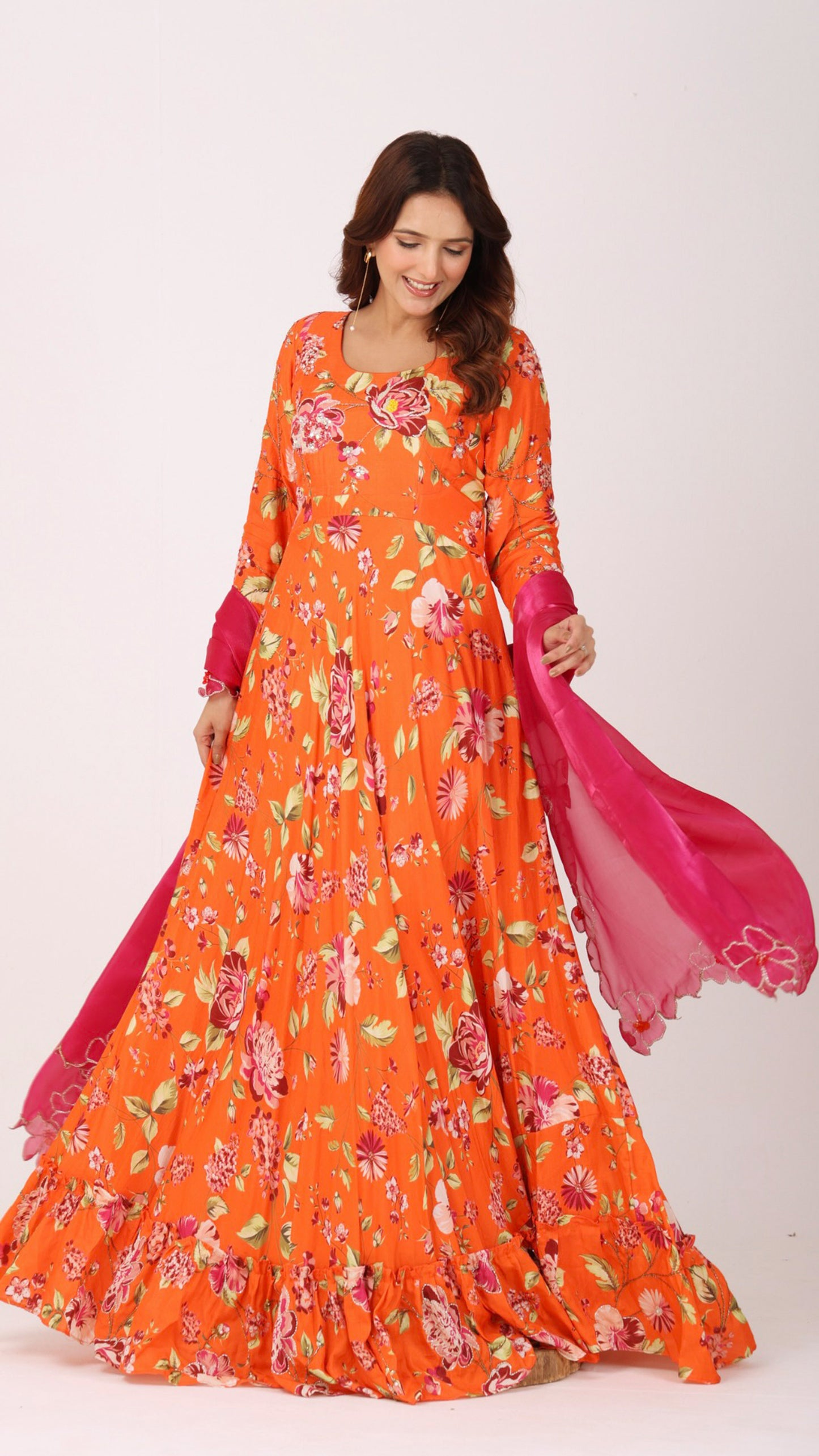 Floral hand-embroidered anarkali with fuchsia organza dupatta