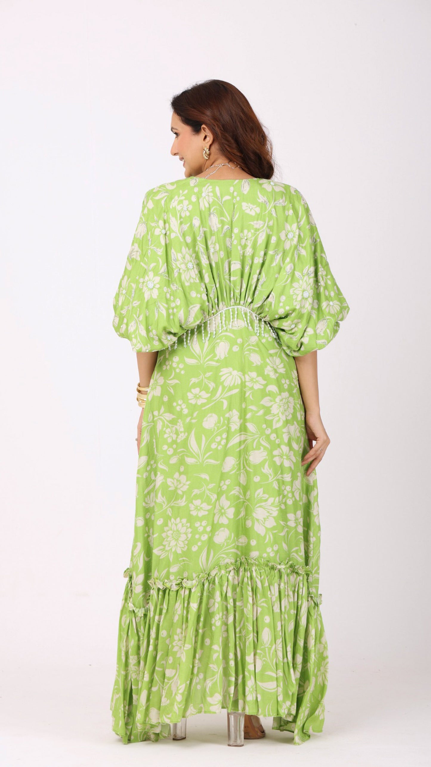 Love bird green gathered calf length dress with pearl buttons