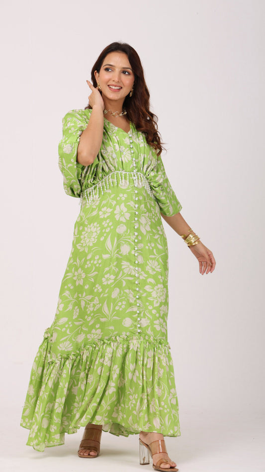 Love bird green gathered calf length dress with pearl buttons