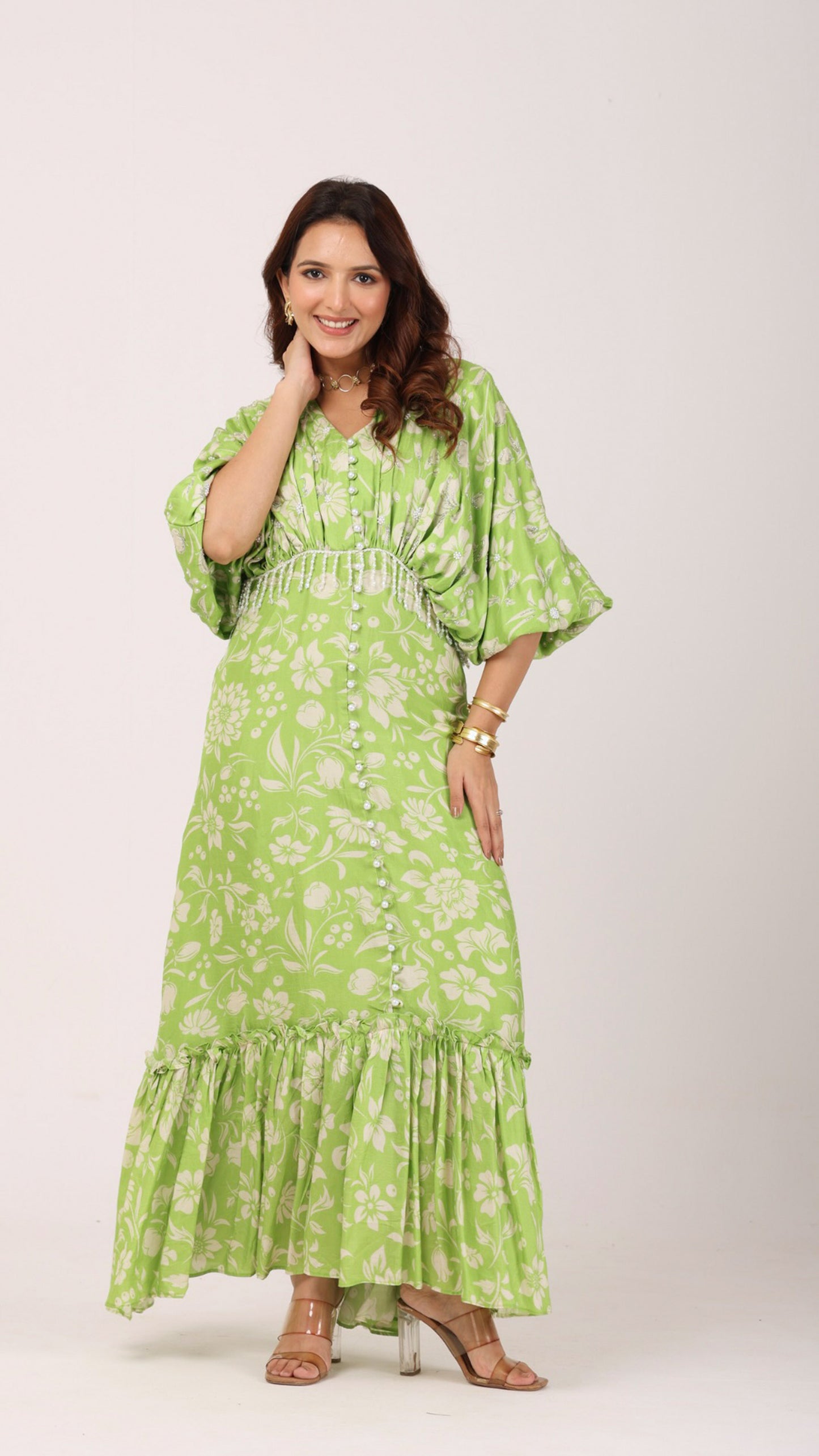 Love bird green gathered calf length dress with pearl buttons