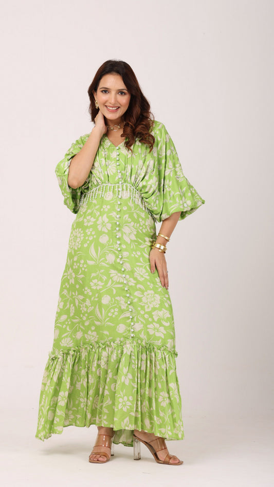 Love bird green gathered calf length dress with pearl buttons