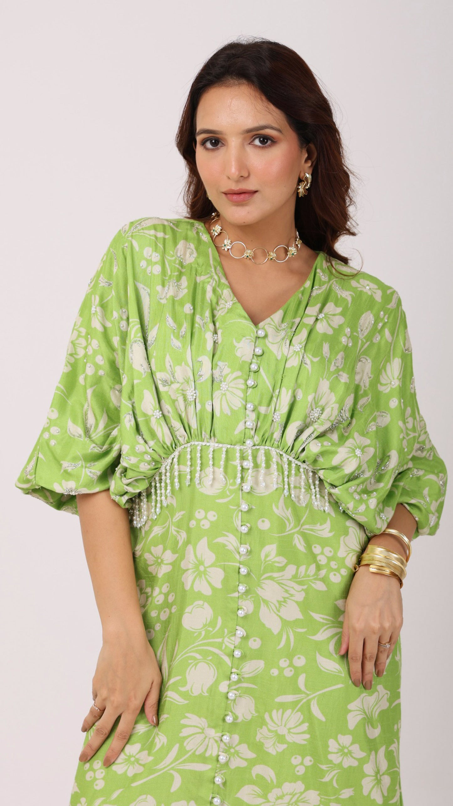 Love bird green gathered calf length dress with pearl buttons