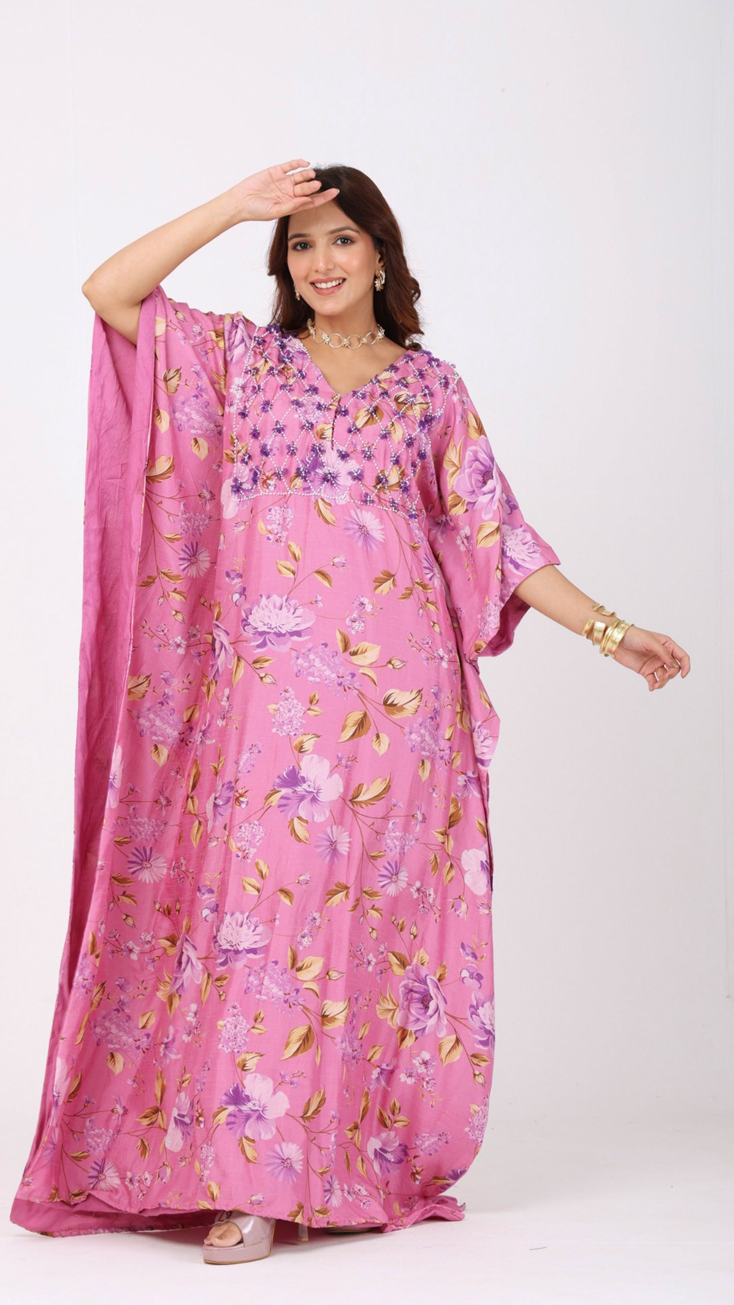Persian Pink Floral kaftan dress with hand-embroidery on the yoke