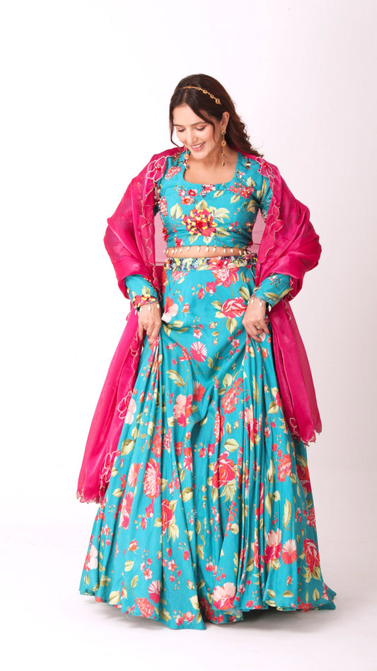 Floral hand- embroidered turquoise lehenga choli set with a contrasting dupatta