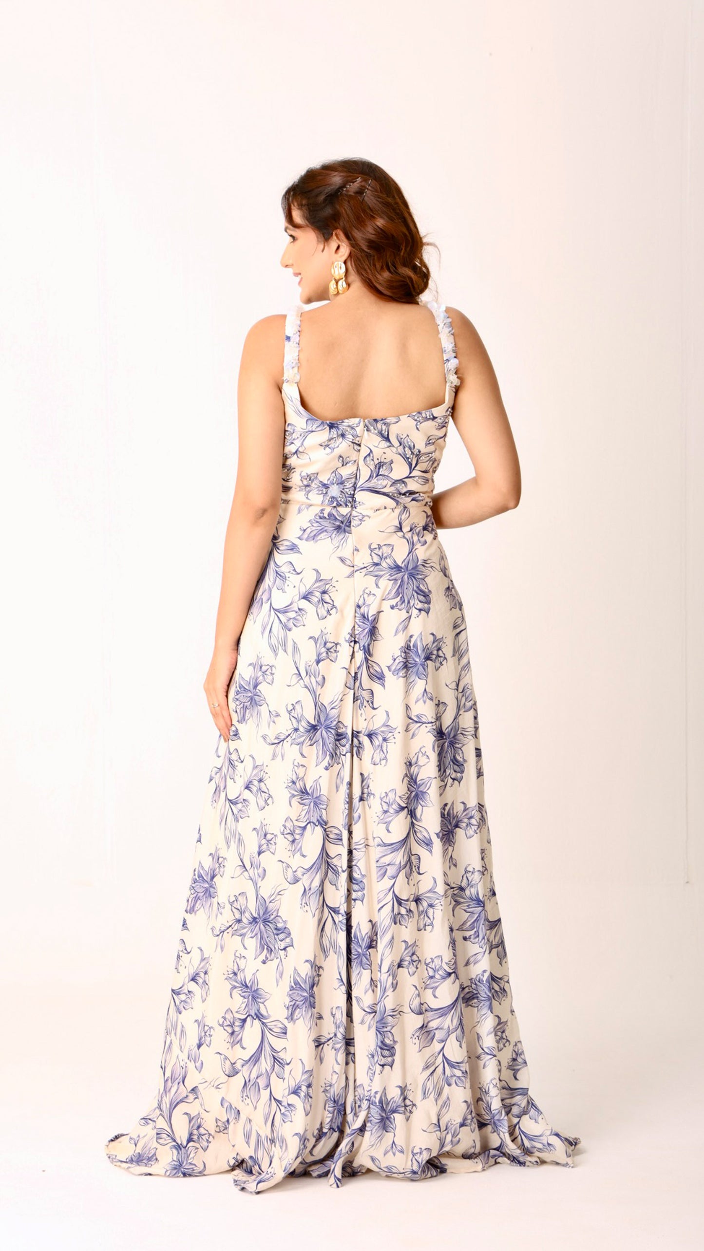 Graceful hand-embroidered ivory floral flare dress with soft blue blooms