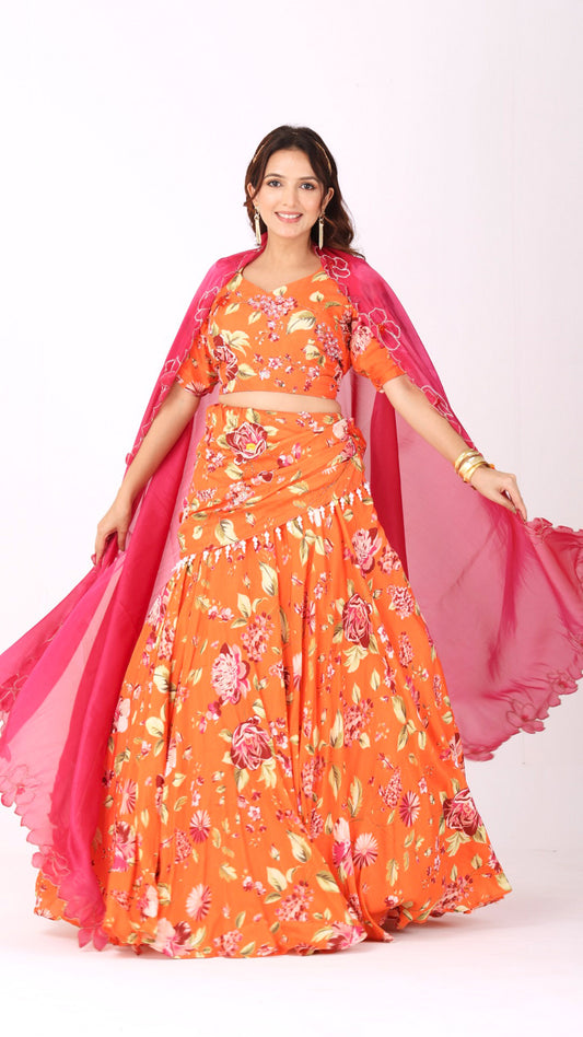 Floral orangeade hand-embroidered lehenga set with fuchsia organza dupatta