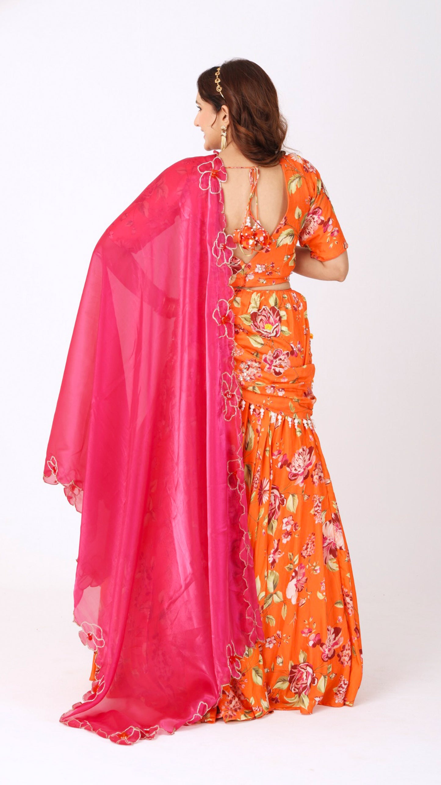Floral orangeade hand-embroidered lehenga set with fuchsia organza dupatta