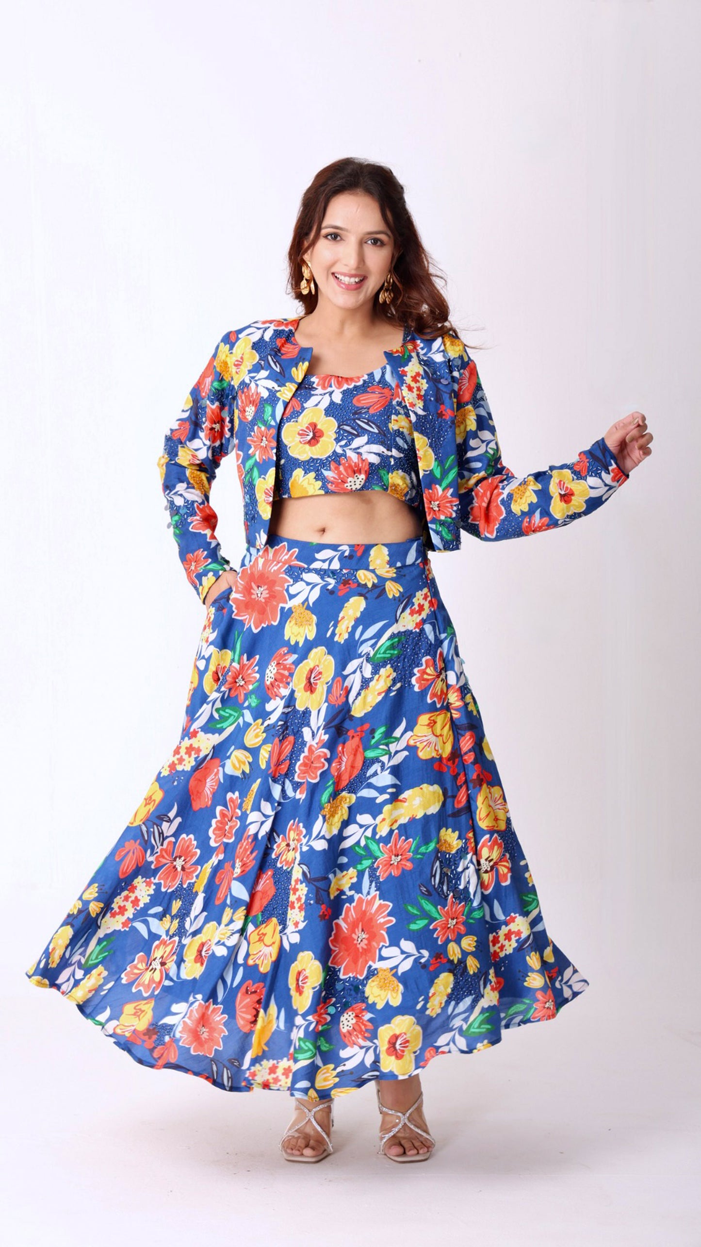 Deja vu blue vibrant floral short-lehenga set with jacket