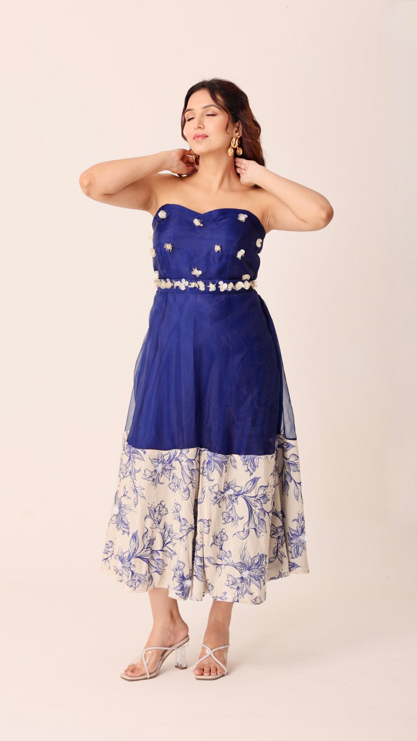 Strapless navy & ivory floral midi dress adorned with hand embroidery & belt