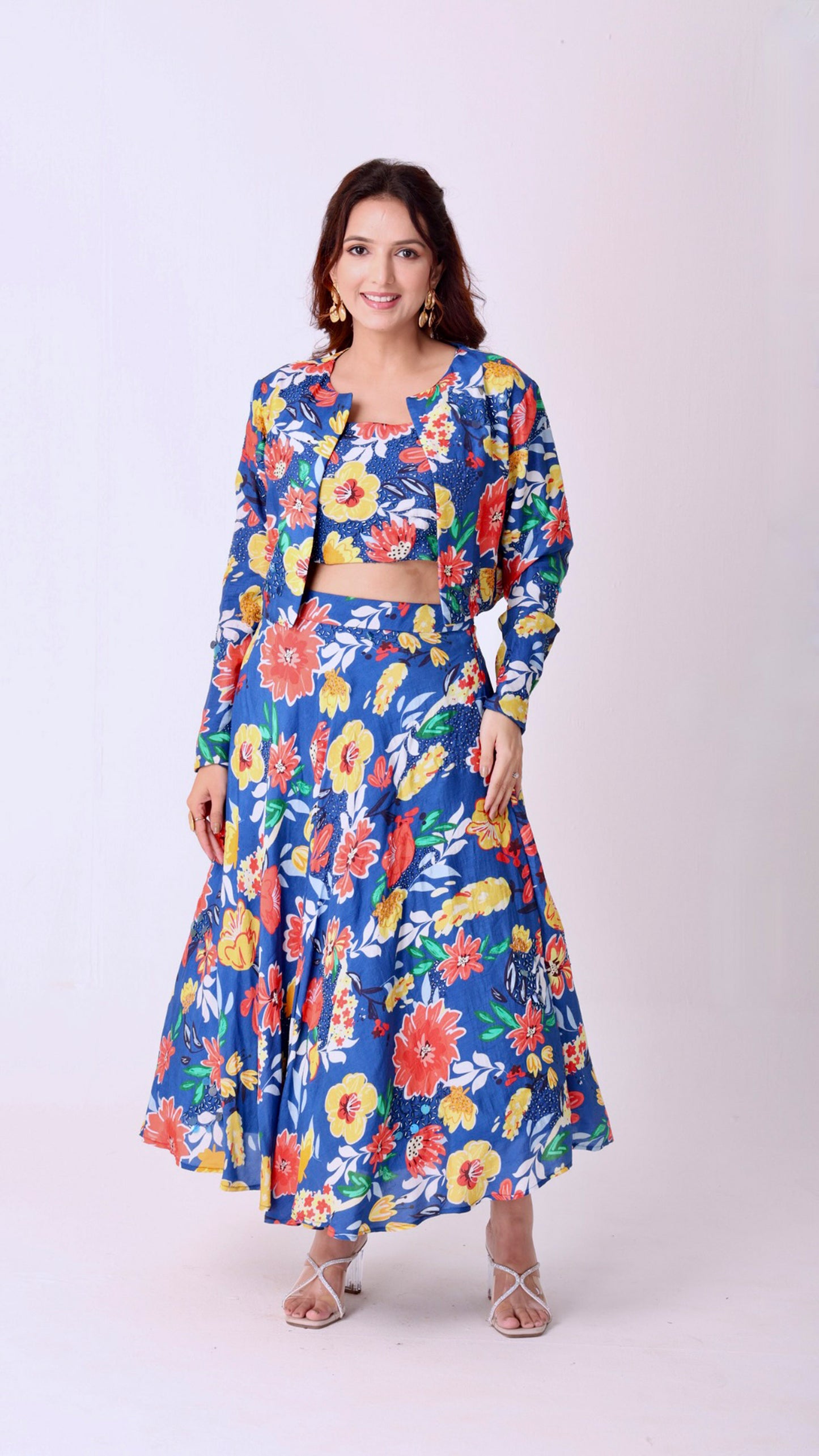 Deja vu blue vibrant floral short-lehenga set with jacket