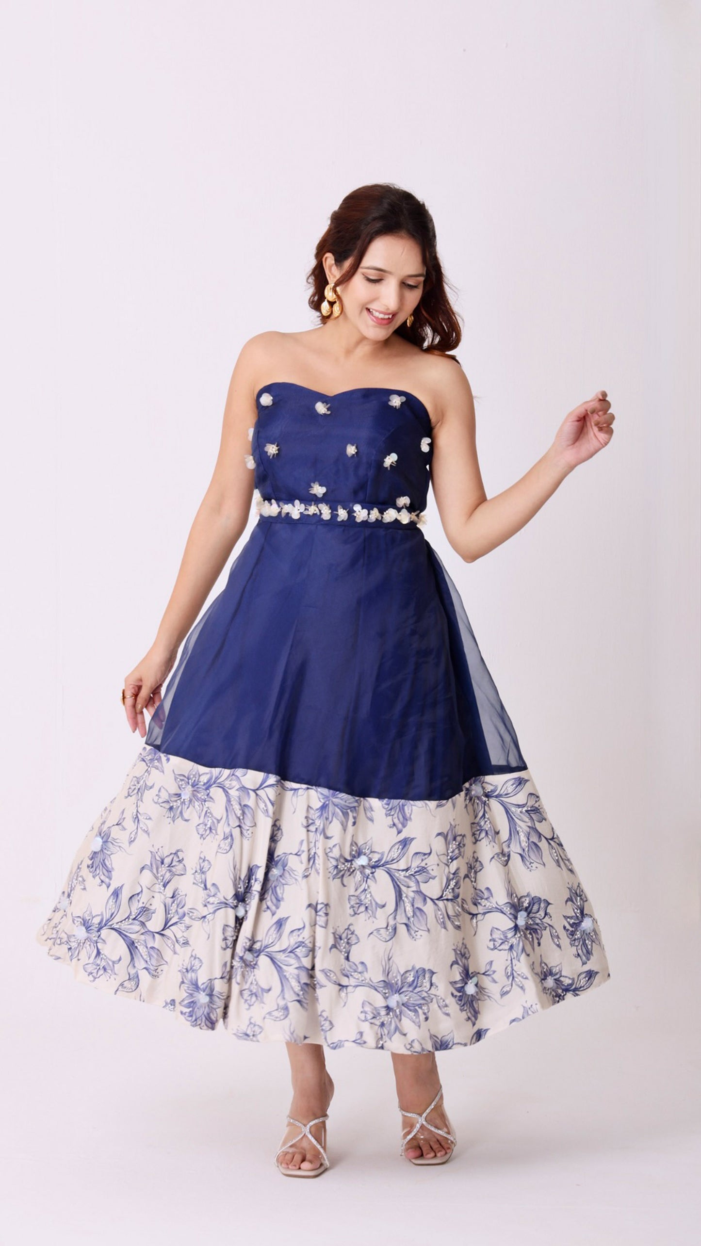 Strapless navy & ivory floral midi dress adorned with hand embroidery & belt