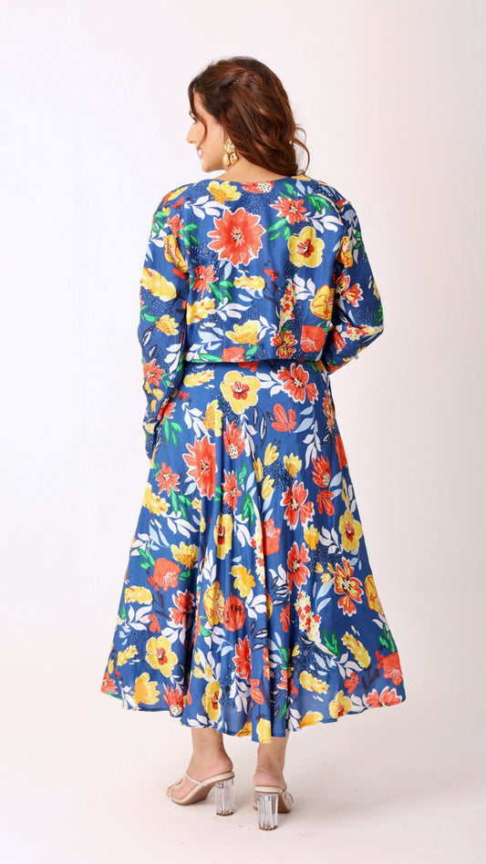 Deja vu blue vibrant floral short-lehenga set with jacket
