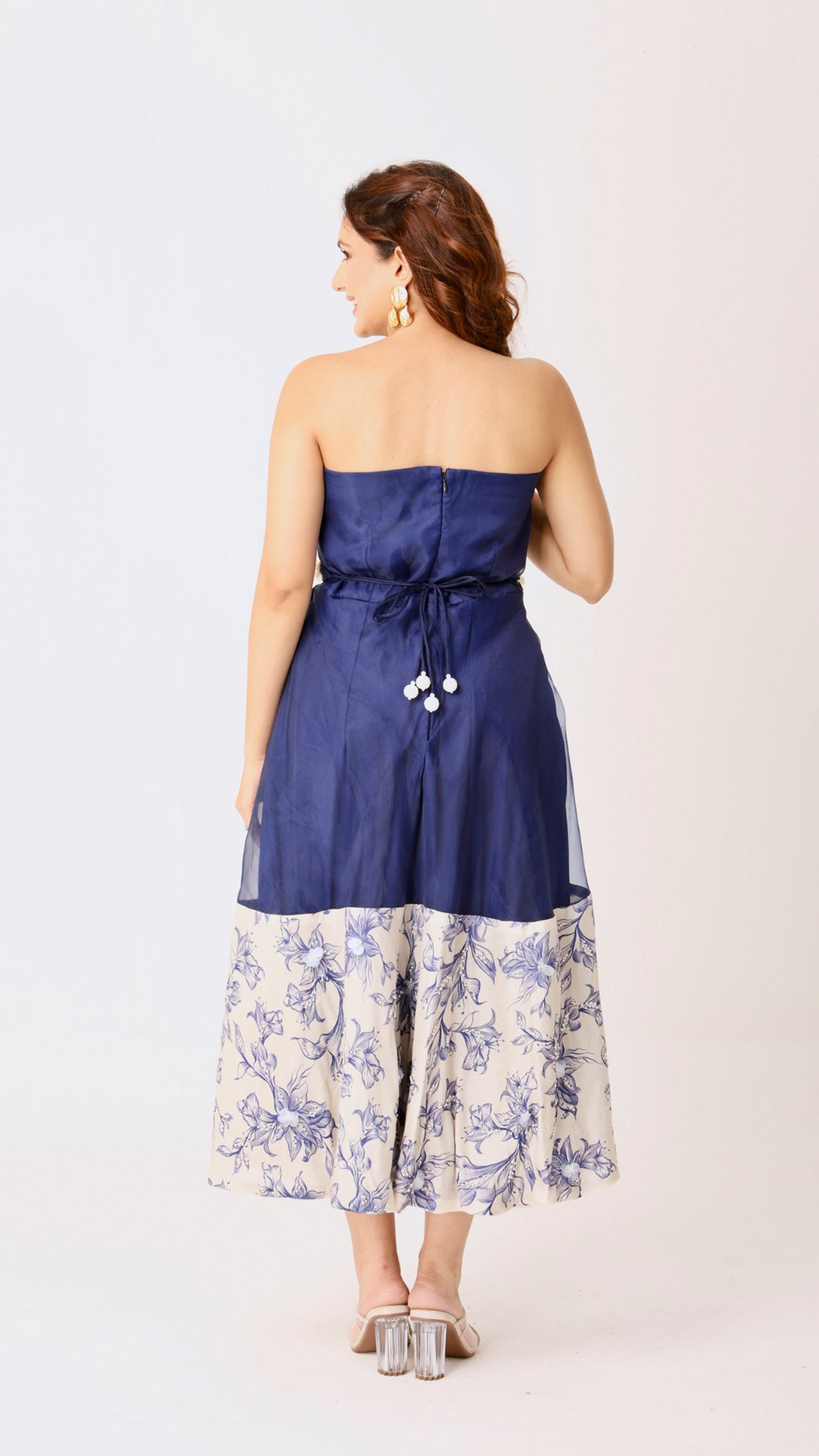 Strapless navy & ivory floral midi dress adorned with hand embroidery & belt