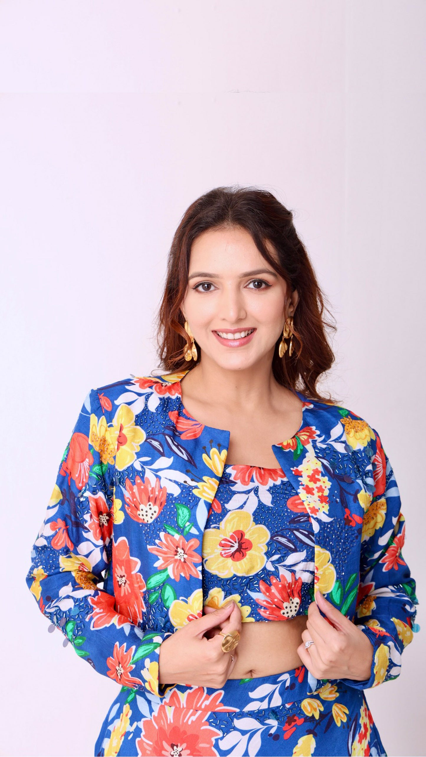 Deja vu blue vibrant floral short-lehenga set with jacket