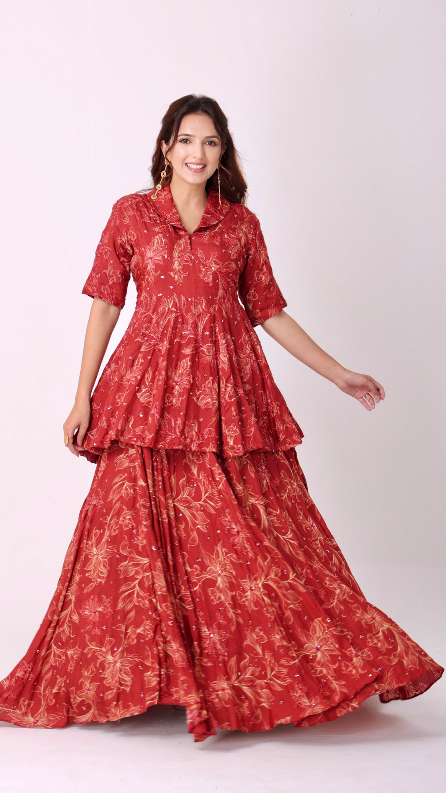 Maroon Hand-embroidered floral peplum kali kurti blouse paired with lehenga & dupatta